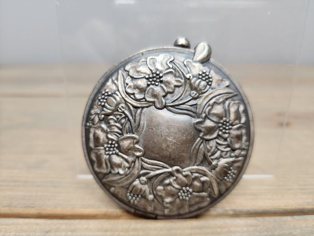 Vintage Pewter Pocket Mirror with Floral Embellishments W/ Photo Insert 3” Diam